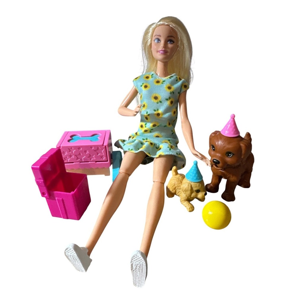 Barbie Puppy Party Playset - Doll, 2 Dogs/Puppies, Gift Box, Ball, Treat Maker